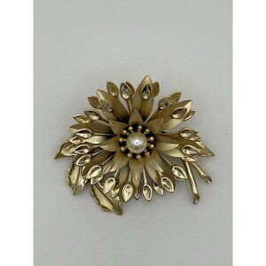 Gold Tone Floral Brooch Faux Pearl 3" Lapel Pin Statement Piece